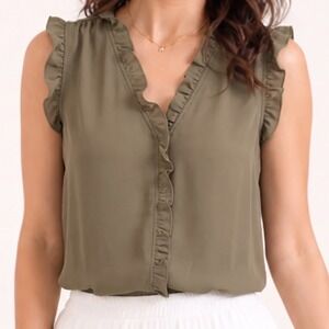 DKNY Womens Olive Green Ruffle V-Neck Sleeveless Blouse Size Large